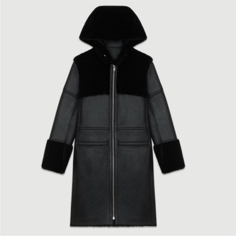 Maje shearling leather hooded fur jacket coat